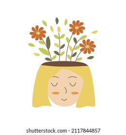 Smiling girl. Flowers and green twigs grow from head. Self-acceptance, inner harmony. Self care and mental health. Colorful vector isolated illustration hand drawn