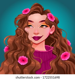 Smiling girl with flowers in her hair. Vector cartoon illustration.