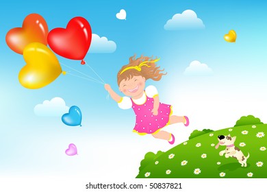 Smiling Girl flying on colorful balloons above green grass hill and her dog