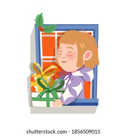 Smiling Girl with Freckles Standing in the Window with Wrapped Gift Box Vector Illustration