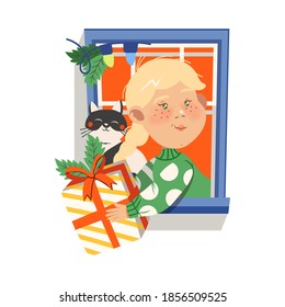 Smiling Girl with Freckles Standing in the Window with Cat Holding Wrapped Gift Box Vector Illustration