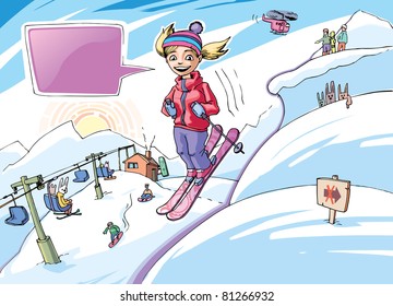 The smiling girl is freeriding in the big mountains (the purple bubble and  the warning sign are placed on the separate layers).