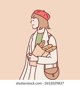 Smiling girl with french loaf in hands. Cartoon vector illustration