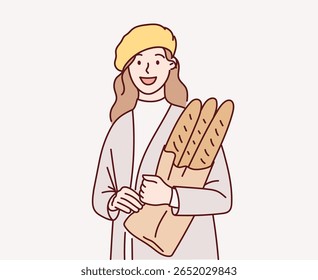 Menina sorridente com pão francês nas mãos. Ilustração de vetor de desenhos animados