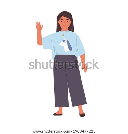 Smiling girl with friendly face waving hand and saying hi or bye. Happy kid gesturing hello or goodbye. Child standing in t-shirt and pants. Flat vector illustration isolated on white background