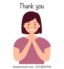 Smiling girl gesture thank you in flat design on white background.