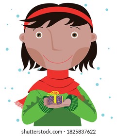Smiling girl with a gift in her hands on a white background
