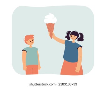 Smiling girl giving big ice cream to sad boy. Child comforting upset friend flat vector illustration. Friendship, communication, sympathy concept for banner, website design or landing web page