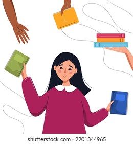 Smiling girl giving books. Concept of books, bookcrossing, education, reading, development, donation. Isolated vector illustration.
