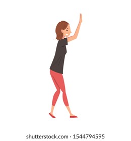 Smiling Girl Giving High Five, Young Woman Greeting Friend, Female Character Standing With Raised Hand Vector Illustration