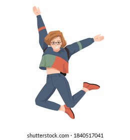 Smiling girl in glasses and backpack behind her back, merrily leaps jumps with hands up. Vector woman in casual suit with rucksack bag, leaping or jumping, college university student in good mood