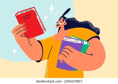 Smiling girl in glasses holding books in hands. Happy woman with textbooks enjoy reading. Literature and education. Vector illustration. 