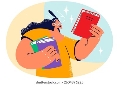 Smiling girl in glasses holding books in hands. Happy woman with textbooks enjoy reading. Literature and education. Vector illustration.