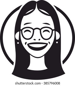 smiling girl with glasses portrait of a black sign