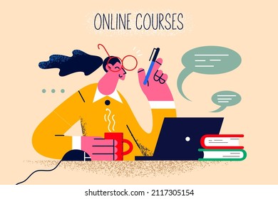 Smiling girl in glasses use computer take online course on lockdown at home. Happy woman study on web on laptop, have training on internet. Distant education. Flat vector illustration. 