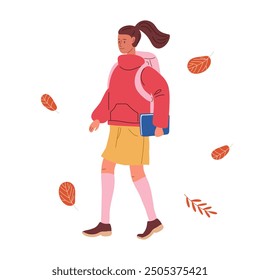 Smiling girl goes to school with satchel and book in her hand. Autumn season with falling leaves. Back to school. Portrait of pretty young girl. Flat cartoon vector isolated illustration