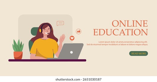 Menina sorridente cumprimenta o professor durante a sessão de aprendizagem online. Professor cumprimentando o aluno na aula online. Banner educacional para o ensino à distância, interação on-line com escolas e vídeos.