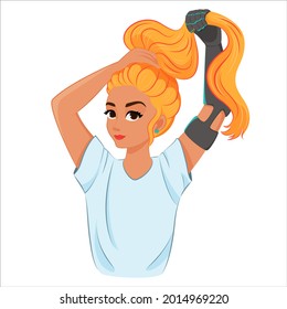 Smiling girl with hand prosthesis cartoon vector. Young woman combing her hair.Isolated flat cartoon illustration