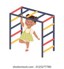 Smiling Girl Hanging on Horizontal Bar Playing and Having Fun Vector Illustration