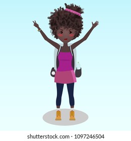 Smiling girl happy to finish the Camino de Santiago. Student with a backpack hiking during a summer trip. A woman travelling alone. Young african-american backpacker illustration.