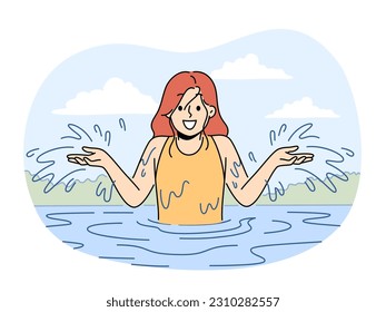 Smiling girl have fun splashing in water in summer. Happy child sailing playing in river in summertime. Childhood. Vector illustration. 