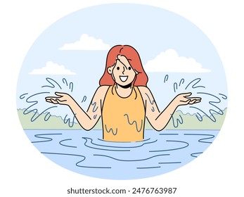 Smiling girl have fun splashing in water in summer. Happy child sailing playing in river in summertime. Childhood. Vector illustration.