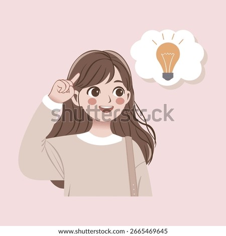 Smiling Girl Having an Idea Vector Illustration. A young, smiling woman with brown hair has a bright idea, indicated by a light bulb in a thought bubble