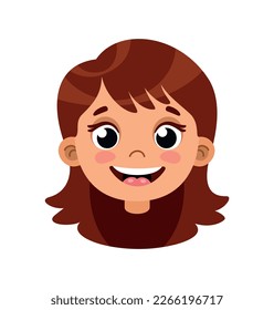 Smiling girl head for animation. Happy little character, emotions and facial expressions, good mood and feelings. Positivity and optimism. Cartoon flat vector illustration