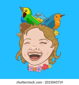 A smiling girl head with some birds making a nest on it. Vector Illustration