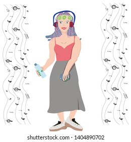 Smiling girl with headphones and bottle of water, smartphone. White background. Musical notes border.Vector background for flyer, poster. Flat vector Illustration for music festival.