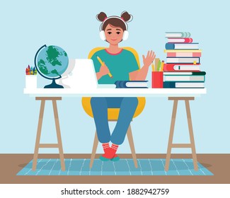 Smiling girl in headphones have online learning using laptop. Online education banner with girl studying with computer at home. Vector illustration in flat style