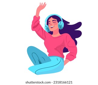 Sonriente con auriculares escuchando música   aislado de fondo blanco. Ilustración del vector