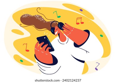 Smiling girl in headphones listen to music on smartphone. Happy young woman enjoy good quality sound in earphones using cellphone. Vector illustration.