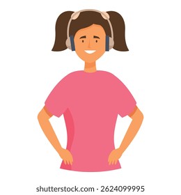 Smiling girl with headphones is listening to music and enjoying the sound