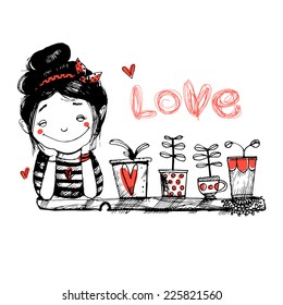 Smiling girl with hearts and potted flowers vector illustration hand drawn in sketch style. Cute character.