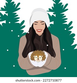 Smiling girl with a hedgehog in a snowy forest or park. Vector illustration for National Pet Month.