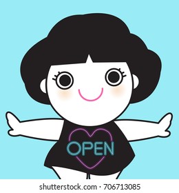 Smiling Girl With Her Arms Spread Out Wide And Her Neon Light Purple Heart Shaped Line And Blue Words Letter Open On Black Dress Concept Card Character illustration
