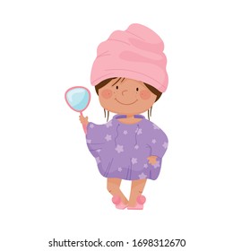 Smiling Girl with Her Hair Wrapped in Towel after Taking Bath Holding Mirror Vector Illustration