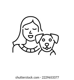 Smiling girl with her puppy. Pet friend. Pixel perfect, editable stroke line design