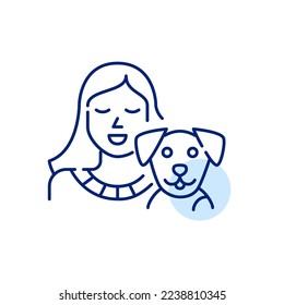 Smiling girl with her puppy. Pet friend. Pixel perfect, editable stroke line art icon