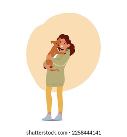 Smiling Girl Hold Cute Furry Pet Isolated on White Background. Animal Lover Female Character with Bright, Cheerful Expression, Joyful Bond Between Girl And Dog. Cartoon People Vector Illustration
