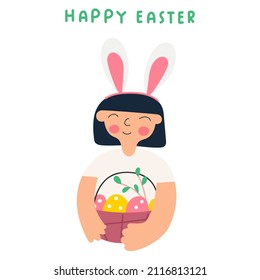Smiling girl hold Easter basket.  Happy Easter. Vector illustration.
