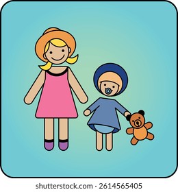 Smiling girl holding a baby doll and a teddy bear. Colorful flat vector illustration – ideal for early childhood education, family themes, and inclusive visual communication.