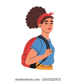 Smiling girl holding backpack. High school student. Education concept. Hand drawn style.