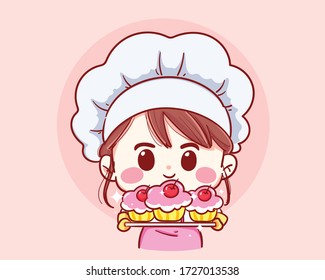 Cute Bakery Chef Girl Holding Tray Stock Vector (Royalty Free) 1727013565