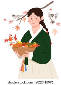 Smiling girl holding a basket full of maple branches and autumn crops. Character illustration commemorating the Korean traditional holiday Chuseok.