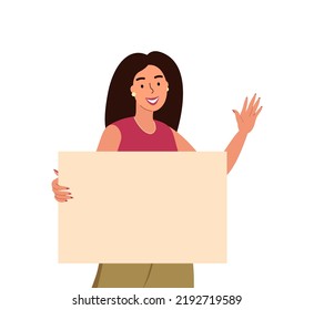Smiling Girl holding a blank poster with place for text.Saying hello. A young woman holds a bullet leaf in her hands. Teenage girl shows a poster. Hand drawn style vector trendy illustration.