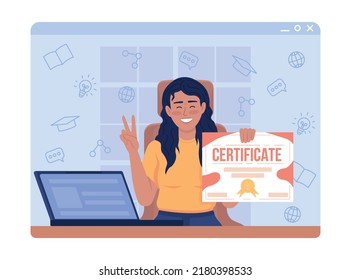 Smiling girl holding certificate 2D vector isolated illustration. Online course graduate flat character on cartoon background. Colourful editable scene for mobile, website, presentation