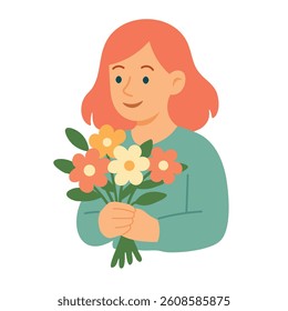 Smiling girl holding colorful flower bouquet. Spring or holiday vector illustration for cute designs.