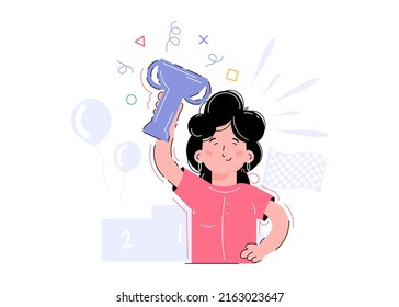 Smiling girl holding a cup in her hands. The concept of victory. Flat style. Vector illustration